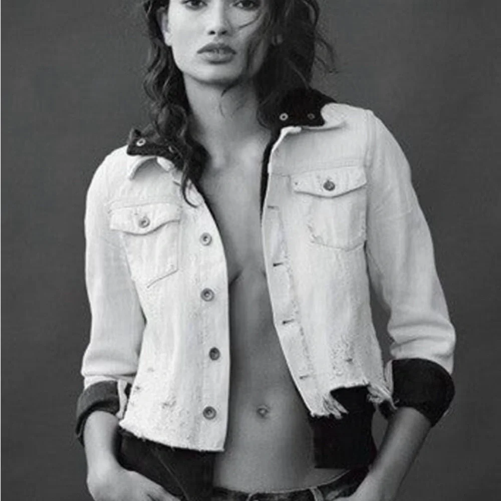Free People Cream / Ivory Denim Jacket w/ Soft black charcoal hoodie Lightweight - Picture 3 of 11
